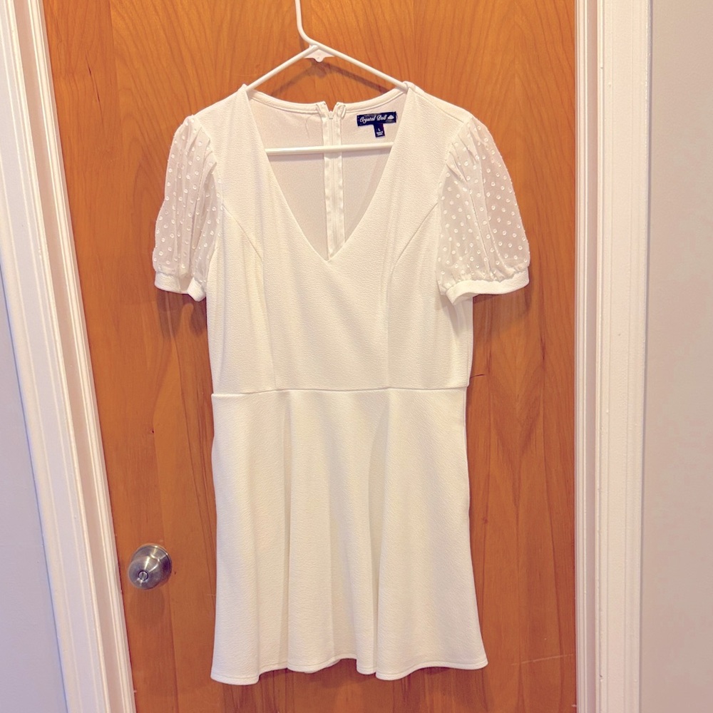 Crystal Doll Ivory Mini Dress with Polka Dot Sleeves